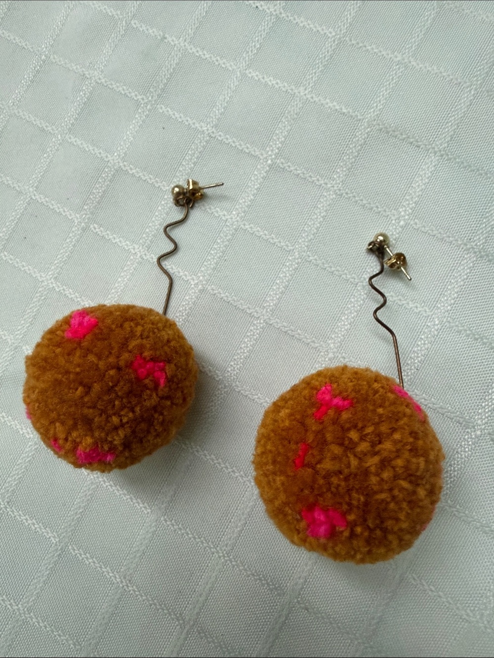 Handmade Orange Brown Pom Pom Drop Earrings with Pink Accents